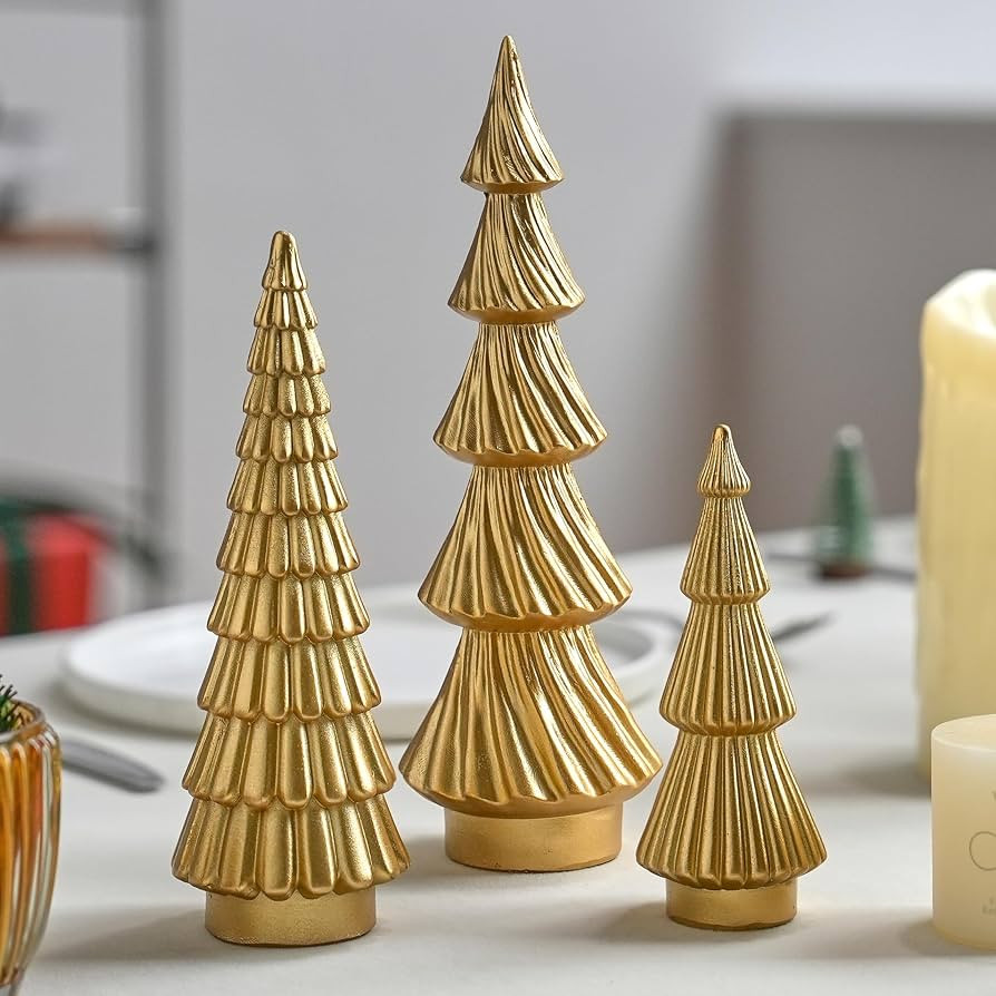 Gold Christmas Trees Small Resin Christmas Tree Figurines, 3Pcs Decorative Tabletop Trees for Xma... | Amazon (US)