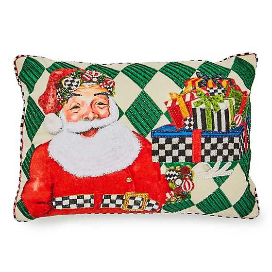 Jolly Holiday Santa with Packages Beaded Lumbar Pillow | MacKenzie-Childs