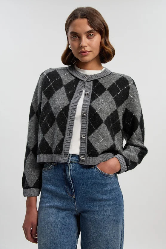 Argyle Alpaca Blend Knitted Cardigan | Karen Millen UK + IE + DE + NL