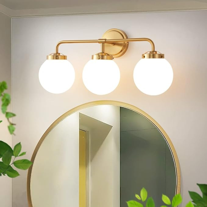 Gold Bathroom Vanity Light Fixtures Over Mirror, Modern Brass 3 Lights Wall Sconce with Milky Gla... | Amazon (US)