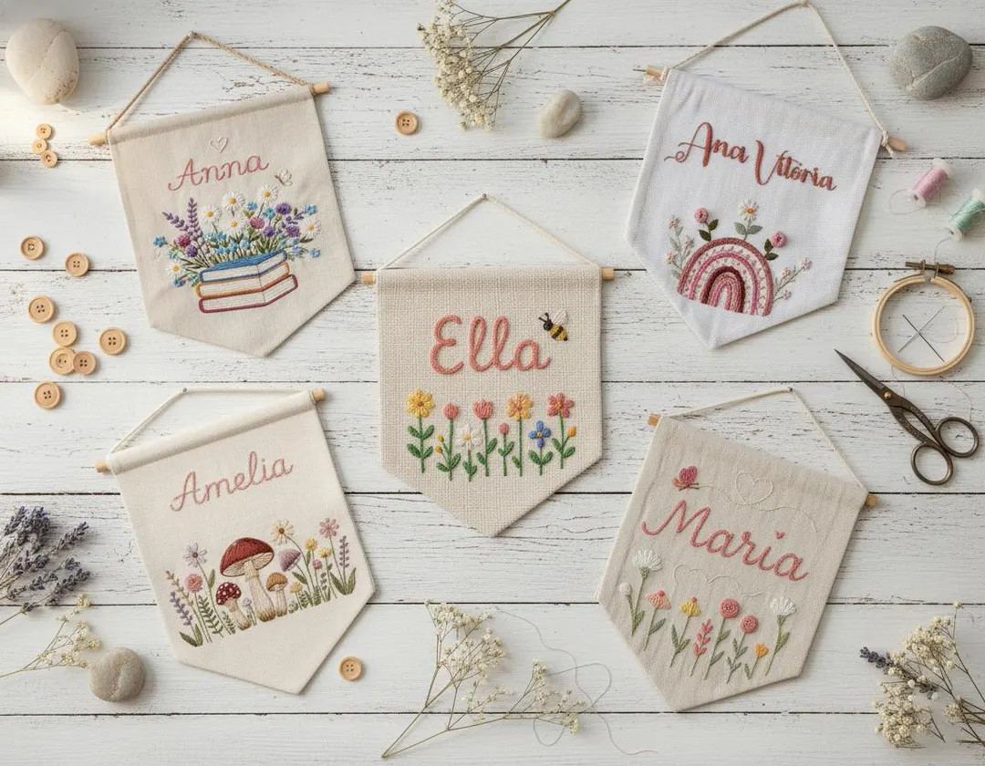 Custom Name Embroidery Wall Hanging Banner, Hand Embroidered Linen Flag, Newborn/kids Room Decor,... | Etsy (US)