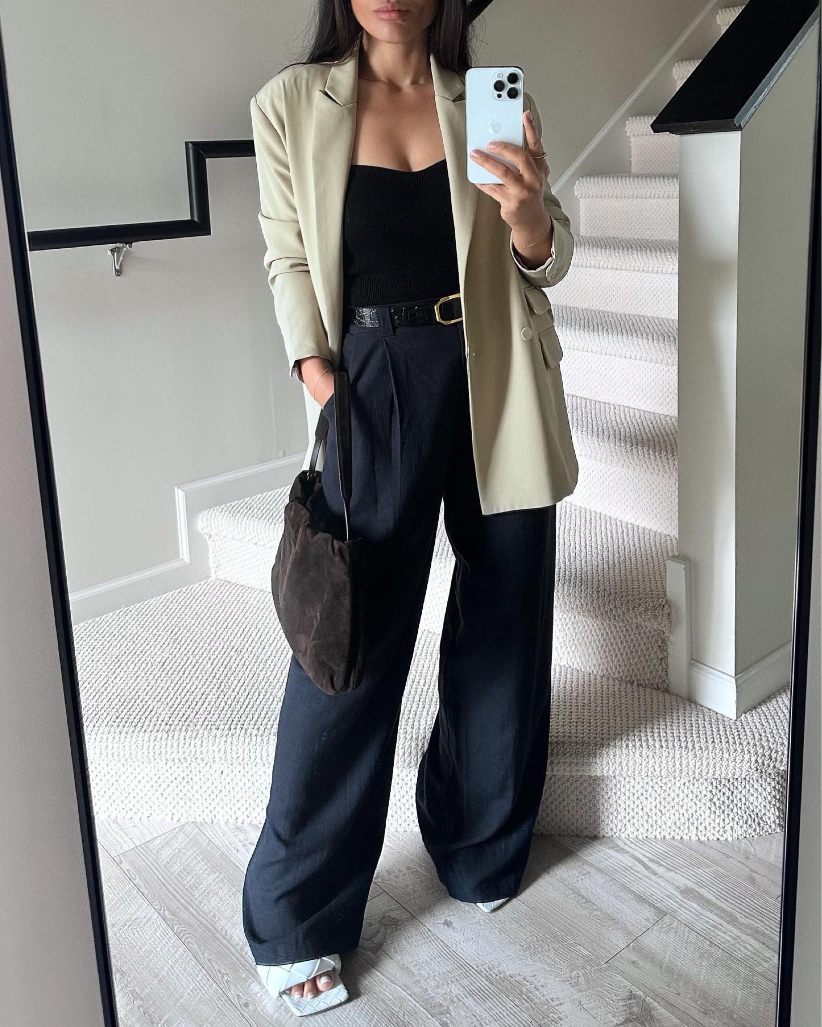 Trousers, navy, oversized, chain belt, Saint Laurent belt, blazer, tube top, leather bag, 
- true to size trousers (wearing my normal size, small) 

#LTKstyletip