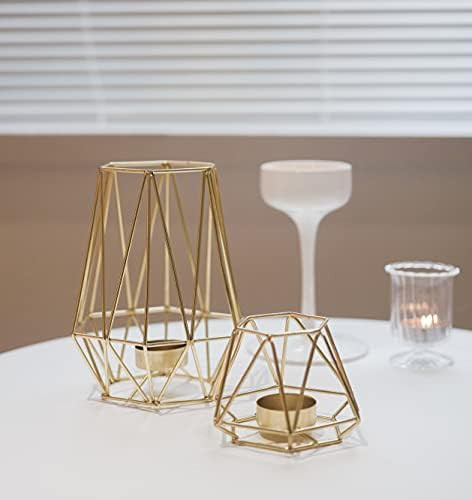 Set of 2 Gold Geometric Metal Tealight Candle Holders for Living Room & Bathroom Decorations - Cente | Amazon (US)