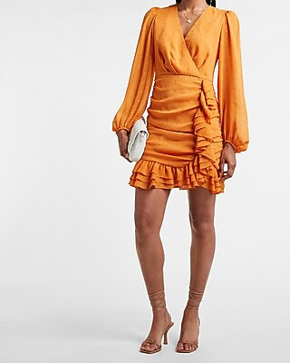 Metallic Clip Dot Ruched Ruffle Wrap Dress | Express