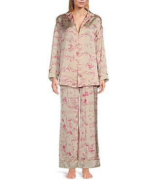 Free People Dreamy Days Allover Printed Lightweight Soft Satin Notch Collar Long Sleeve Wide Leg Oversized Pajama Set - S | Dillard's
