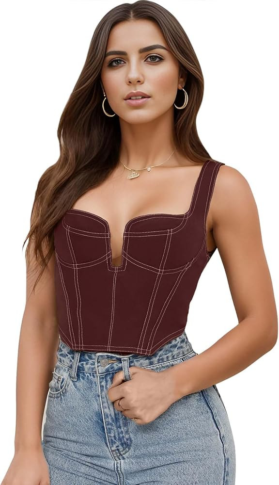 Deep V Neck Sleeveless Corset Corp Top Bustier Y2K Denim Zip Back Coconut Girl Cottagecore Aesthe... | Amazon (US)