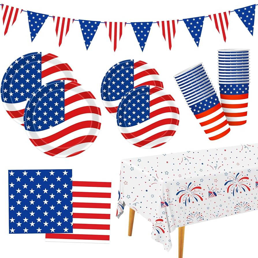 4th of July Decorations Patriotic Party Supplies Disposable Plates Napkins Cups Tablecloth and Am... | Amazon (US)