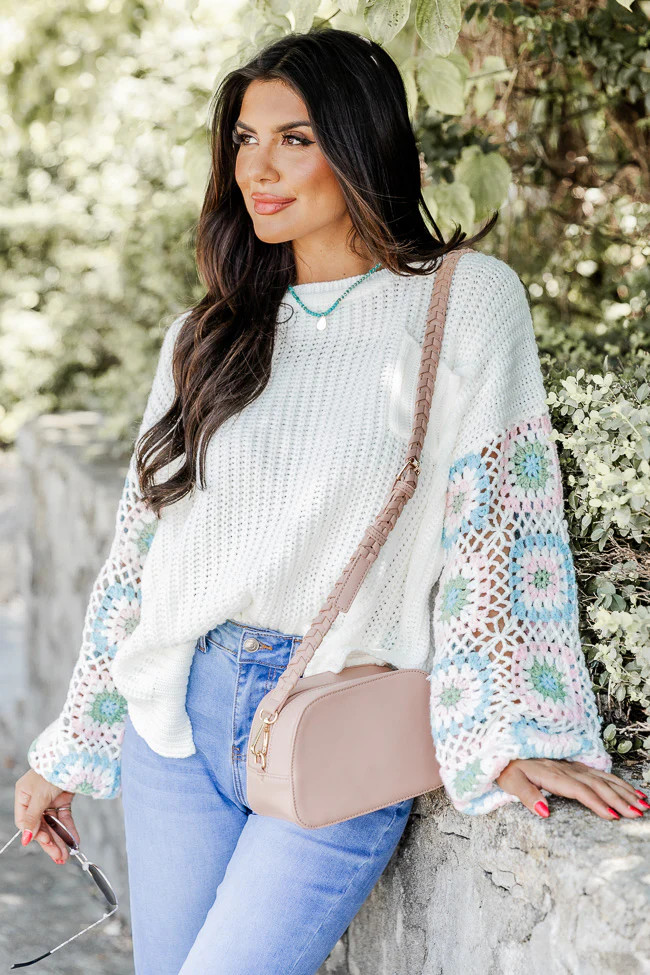 Wanna Be With You Ivory Multi Crochet Sleeve Sweater | Pink Lily