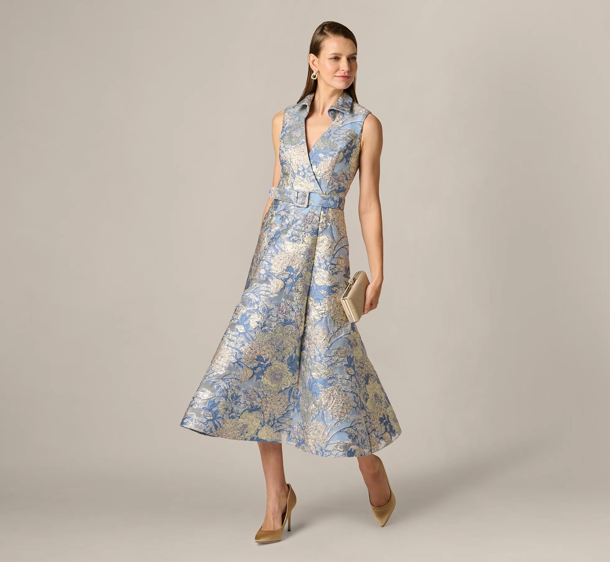 Hydrangea Floral Jacquard Collared Midi Dress In Blue Multi | Adrianna Papell