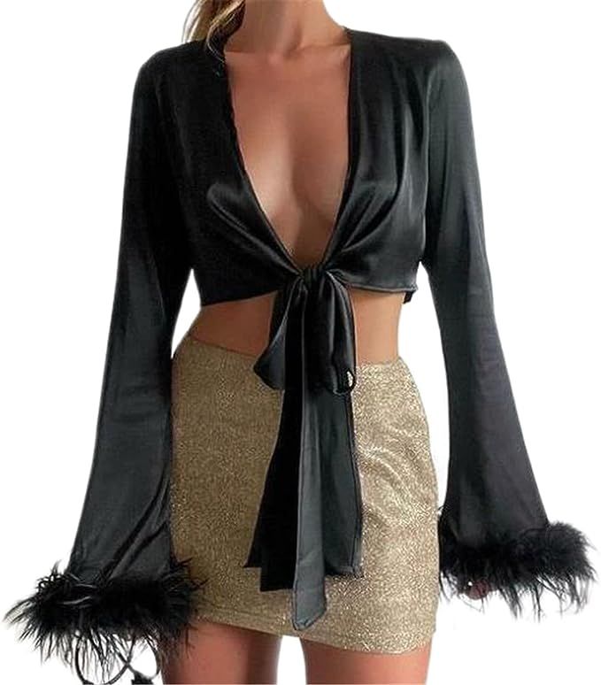 Women Long Sleeve Tie Front Blouse Cardigan Satin V Neck Vintage Feather Sleeve Crop Top Shirt Ha... | Amazon (US)