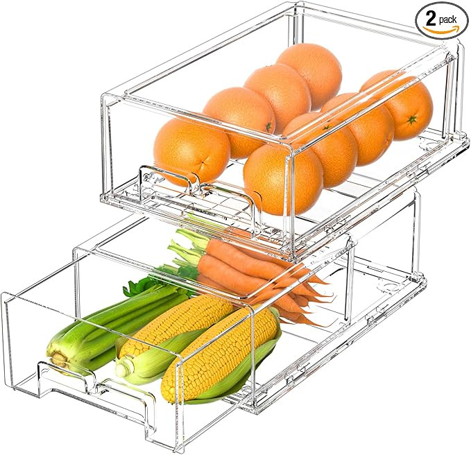 2 Pack Refrigerator Drawers - Fridge Organizer Bins Stackable Storage Drawers, Clear Refrigerator... | Amazon (US)