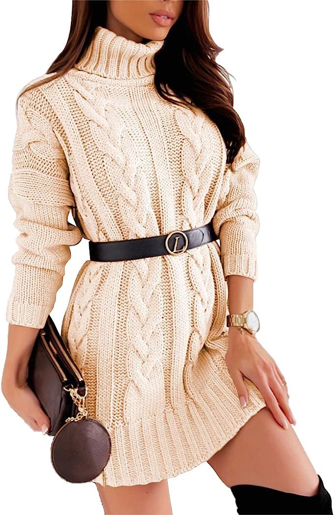 SHEWIN Womens Winter Dress Long Sleeve Turtleneck Cable Knit Sweater Dress for Women 2022 | Amazon (US)