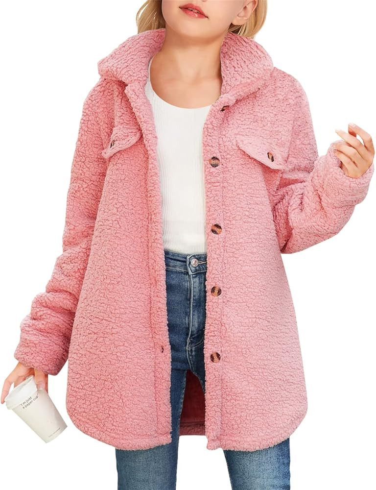 Haloumoning Girls Fuzzy Fleece Jacket Casual Button Down Sherpa Overcoat Faux Fur Jackets Outwear... | Amazon (US)