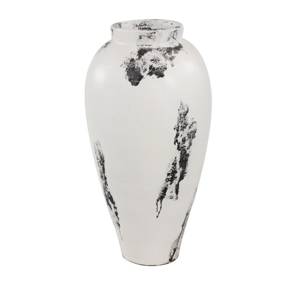 LITTON LANE Black and White Stoneware Floor Decorative Vase with Textured Relief Detail | The Home Depot