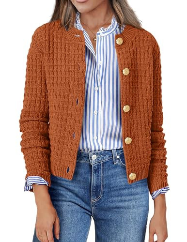 Zeagoo Women's 2025 Cardigan Sweaters Button Down Crew Neck Open Front Long Sleeve Knit Cropped Jackets Caramel | Amazon (US)