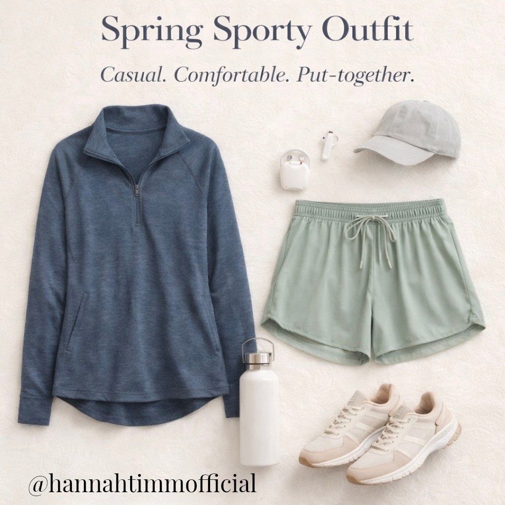 Lightweight quarter zip, relaxed shorts, neutral sneakers, and the little extras that make it feel intentional. Perfect for morning walks, errands, or travel days when you still want to look like you have it together.

Everything linked here is comfortable, flattering, and easy to mix into your everyday rotation.