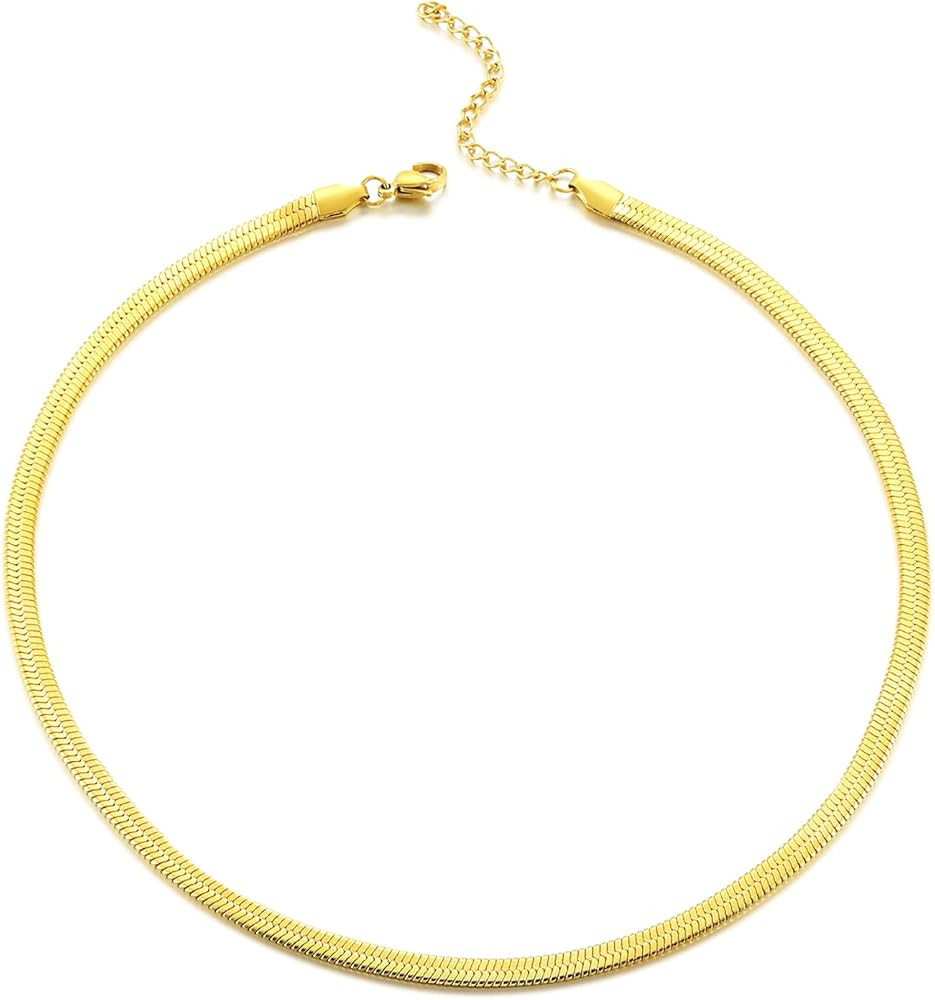 18K Gold Flat Wide Necklace for Girls Snake Chain Necklaces for Women Herringbone Link Necklace S... | Amazon (US)