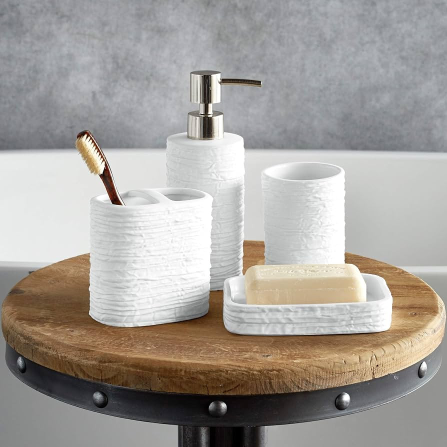 DKNY Ripple Bath Accessories Set Ceramic Lotion Pump Toothbrush Holder Tumbler Soap Dish, 4-Pc Wh... | Amazon (US)