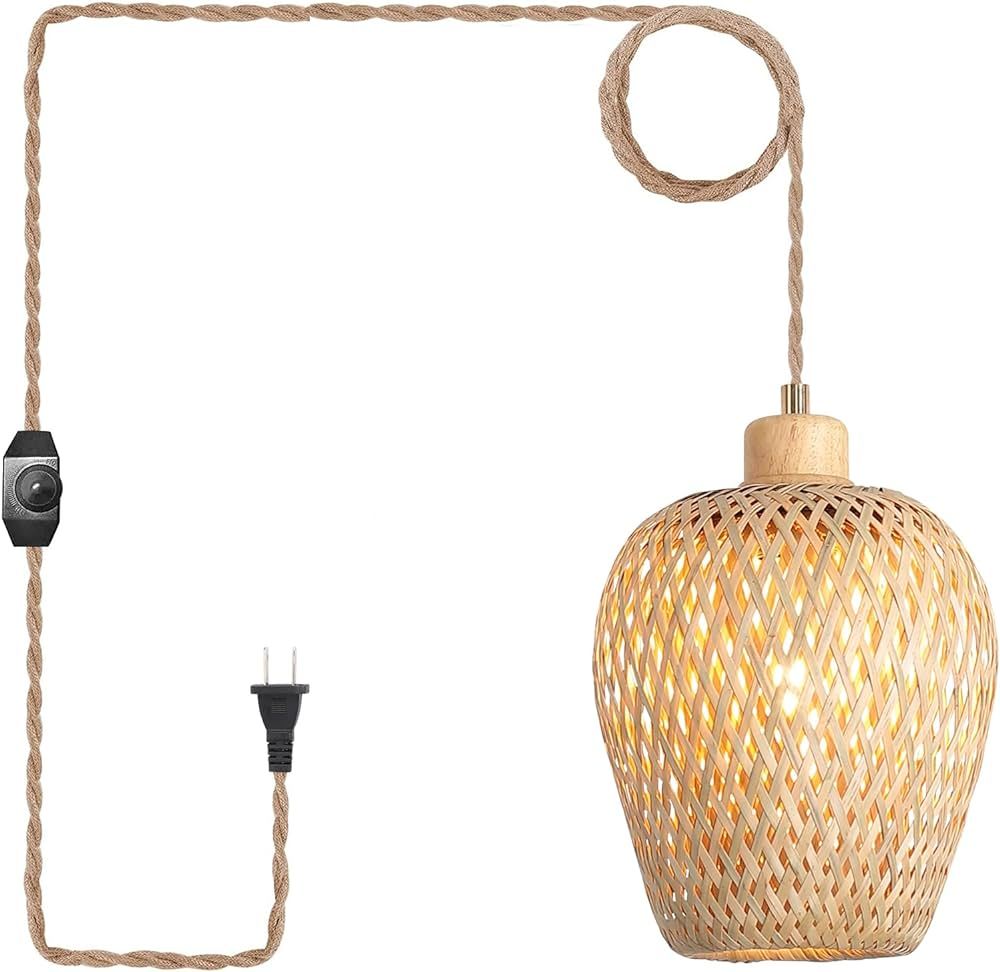 Bamboo Plug in Pendant Light with 14ft Handmade Woven Light Cord, Dimmable Switch, Boho Basket Mi... | Amazon (US)