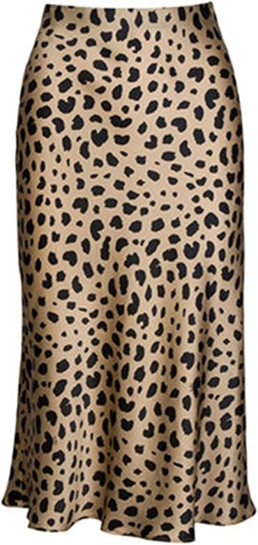 Womens Leopard Print Skirt Midi Long Length Silk Satin High Waist Elastic Skirts | Amazon (US)