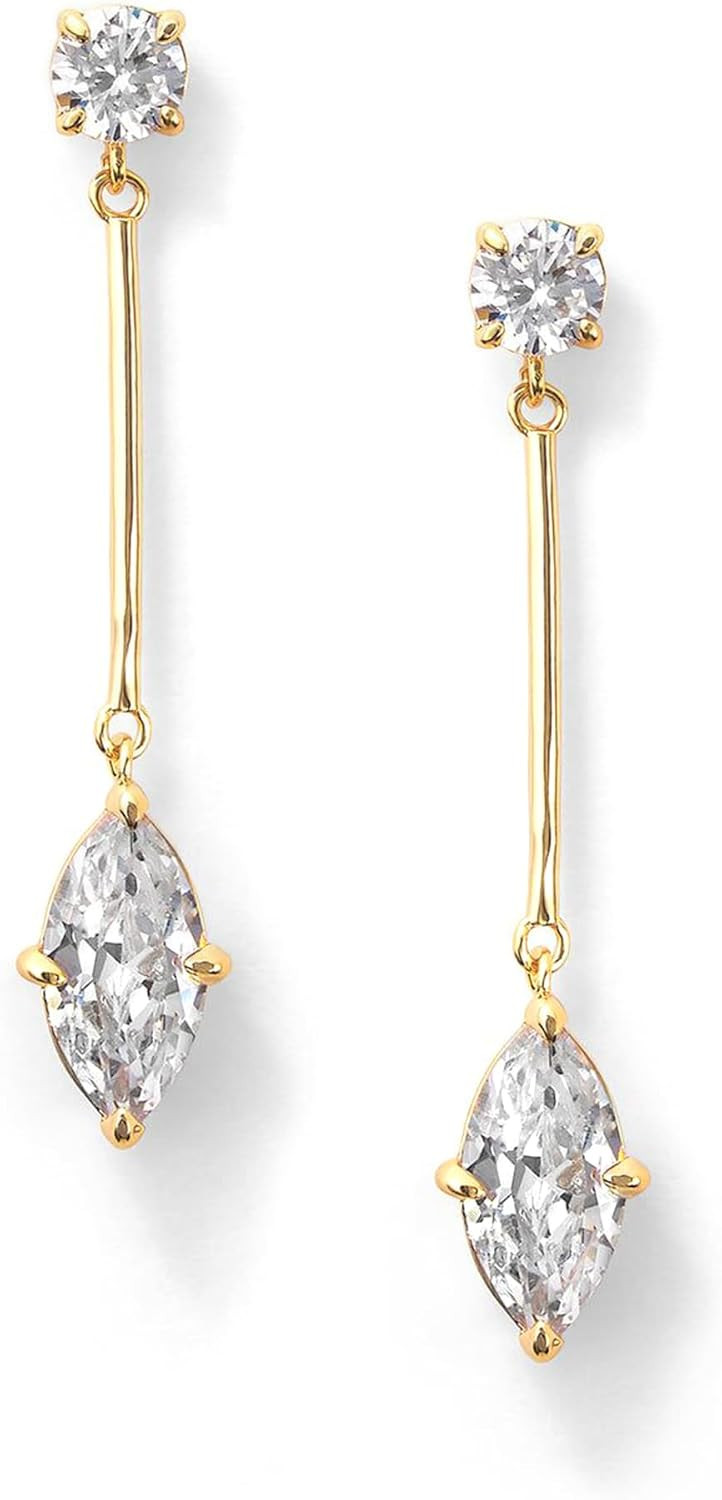 18K Gold Plated Cubic Zirconia Crystal Dangle Earrings for Women Hypoallergenic Long Marquise Diamond Drop Earrings Elegant Dangling Earrings for Bridal Minimalist Wedding Jewelry | Amazon (US)