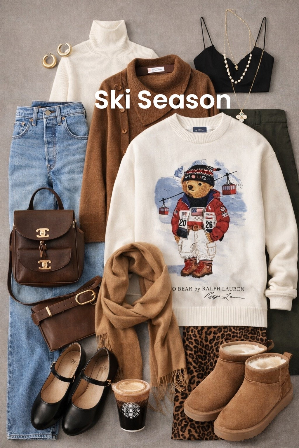 A Pinterest-worthy flatlay featuring a cozy, elevated fall-to-winter outfit arranged in a balanced, editorial layout. Centered ivory Polo Bear sweater as the hero piece, layered with classic blue straight-leg jeans and a camel wrap cardigan. Neutral accessories styled intentionally: black Mary Jane flats and chestnut suede mini boots placed diagonally for contrast, leopard print skirt folded neatly for texture, camel scarf draped softly for movement. Luxe brown leather backpack and belt bag positioned symmetrically. Minimal gold jewelry accents and a warm coffee cup for lifestyle detail. Soft gray background, natural diffused lighting, clean shadows, timeless preppy-chic aesthetic, Ralph Lauren inspired, quiet luxury meets cozy classic, high-end Pinterest fashion flatlay.

HASHTAGS
#pinterestfashion #polobear #ralphlaurenstyle #quietluxury #preppychic #fallfashion #winterstyle #neutralwardrobe #classicstyle #capsulewardrobe #cozychic #leopardprint #elevatedcasual #oldmoneyvibes #fashionflatlay #pinterestinspo #timelessfashion

#LTKdayinmylife #LTKHoliday #LTKGiftGuide