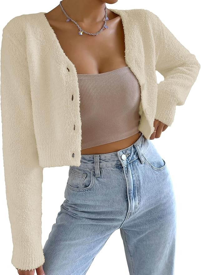 SweatyRocks Women's Long Sleeve V Neck Sweater Crop Top Button Front Fuzzy Knit Cardigan | Amazon (US)