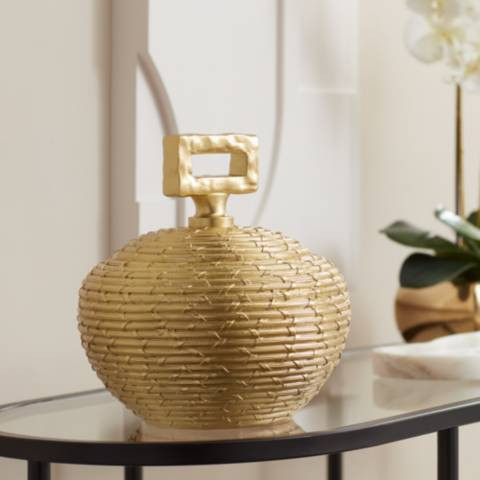Ipanema Shiny Gold Decorative Round Jewelry Box with Handle | Lamps Plus