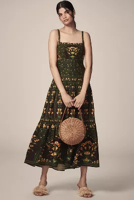 Farm Rio Flowers Arch Sleeveless Linen Blend Midi Dress | Anthropologie (US)