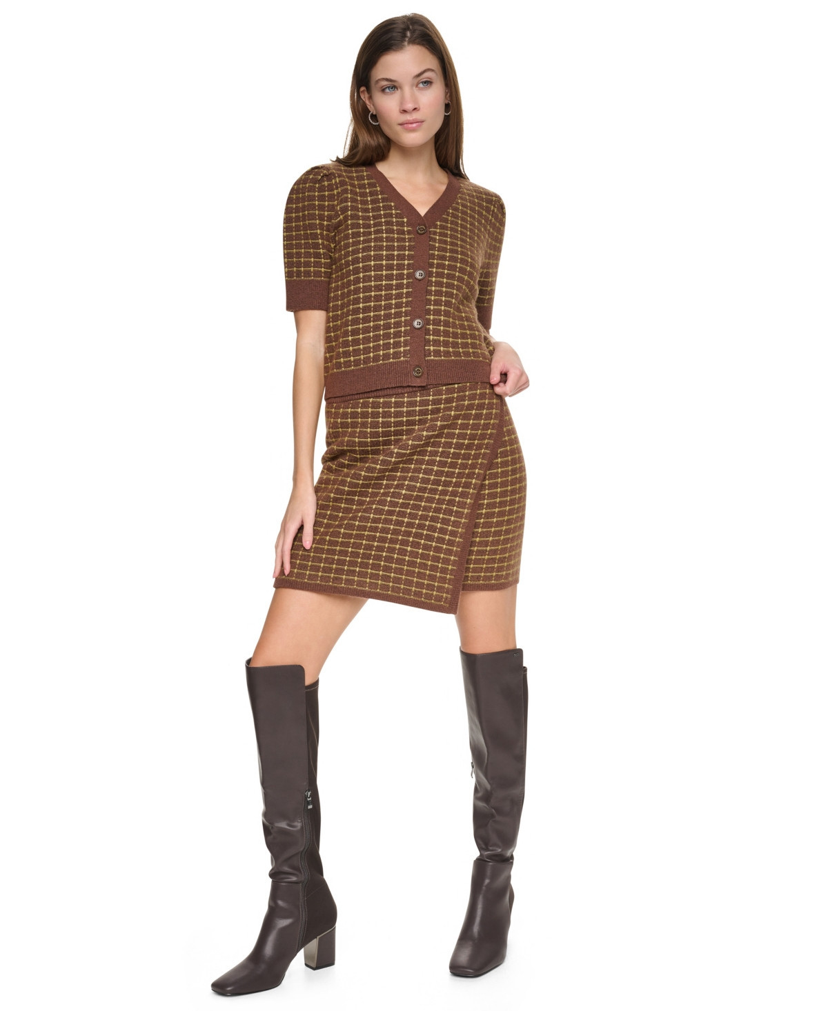 Dkny Jeans Women's Puff Short-Sleeve Cropped V-Neck Cardigan - Chestnut/Crocodile | Macy's