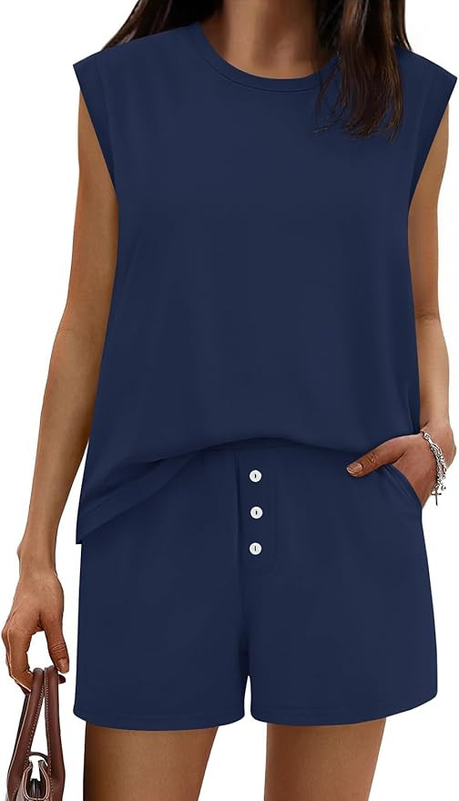 Tankaneo Womens 2 Piece Summer Outfits Casual Crewneck Sleeveless Tank Tops and Shorts Lounge Mat... | Amazon (US)