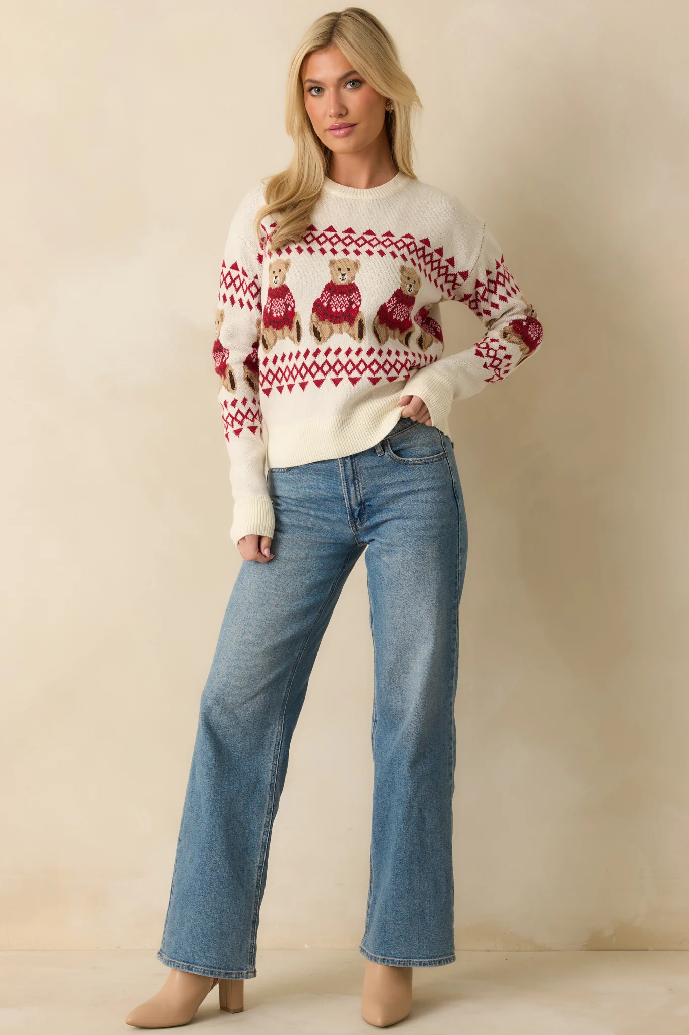 Bear With Me Ivory Fair Isle Teddy Knit Sweater | Red Dress