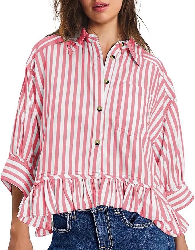 CHYRII Womens Summer Tops Dressy Casual Blouse Top Ruffled Short Sleeve Button Down Striped Shirt | Amazon (US)