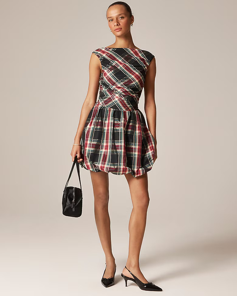 Ruched bubble-hem dress in Stewart tartan taffeta | J. Crew US