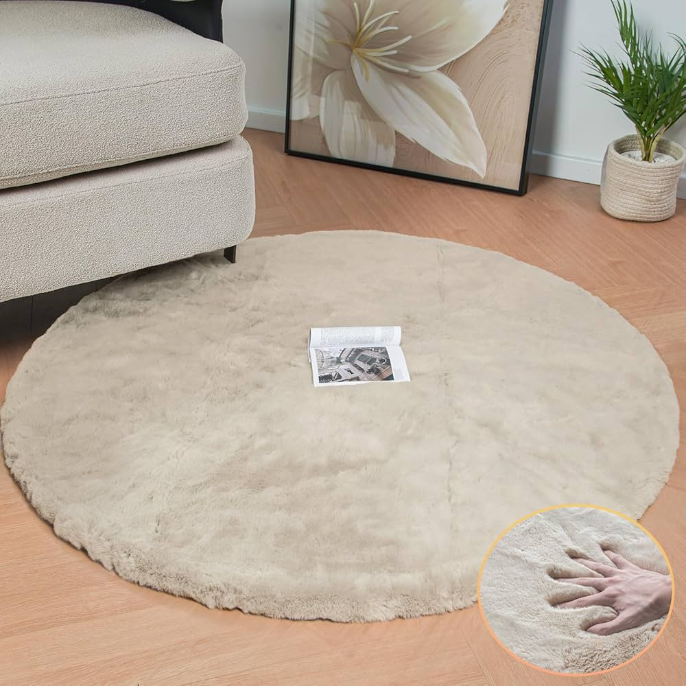 Light Brown Beige Washable Shag Area Rugs for Living Room Small Plush Faux Bunny Shaggy Fur Round... | Amazon (US)