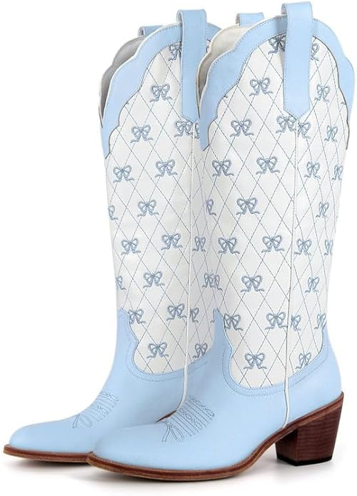 MissHeel Mini Bows Knee High Cowgirl Boots White Cowboy Boots for Women | Amazon (US)