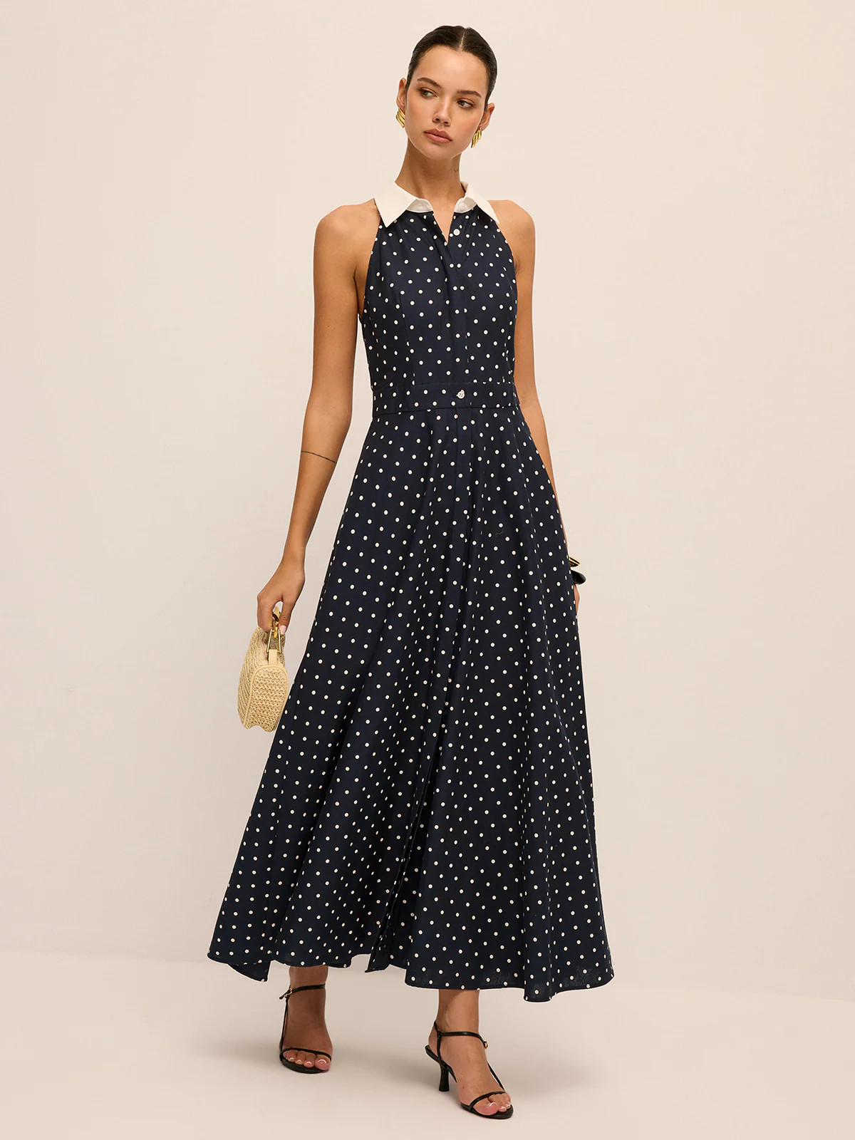 Polka Dot Contrast Collar Cotton Linen Dress | Commense