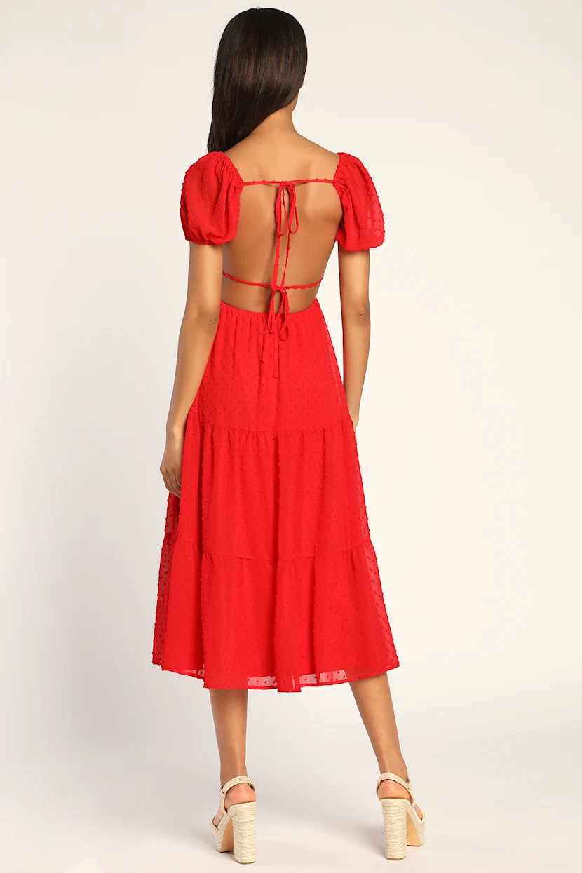 Tier for the Sunshine Red Tiered Backless Clip Dot Midi Dress | Lulus (US)