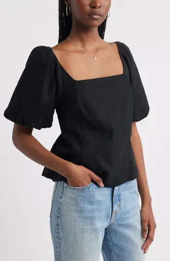 Treasure & Bond Tie Back Puff Sleeve Linen Blend Top | Nordstrom | Nordstrom