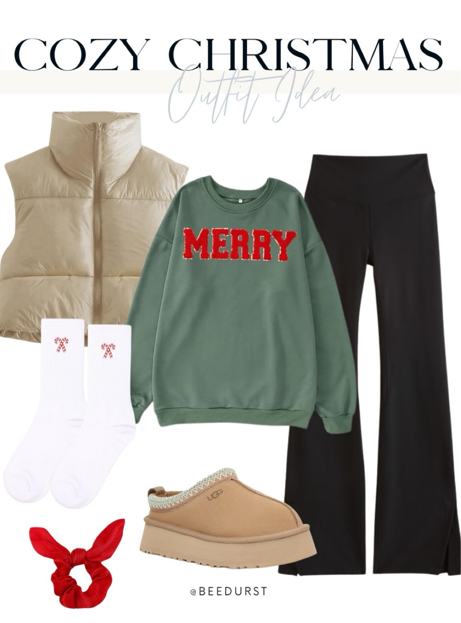 Cozy Christmas outfits, casual Christmas outfits, winter outfit, flared leggings, crewneck Christmas sweater, puffy vest, Ugg Tazz, Christmas socks, festive outfit, 




#LTKStyleTip #LTKHoliday #LTKSeasonal