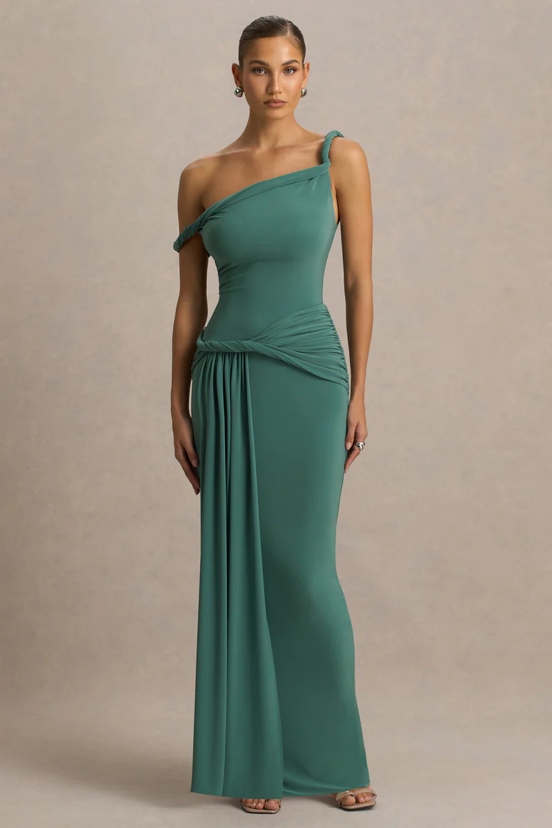 Tulisa  Green Asymmetric-Neck Maxi Dress With Twist Sleeves And Ruched Detailing | Club L London