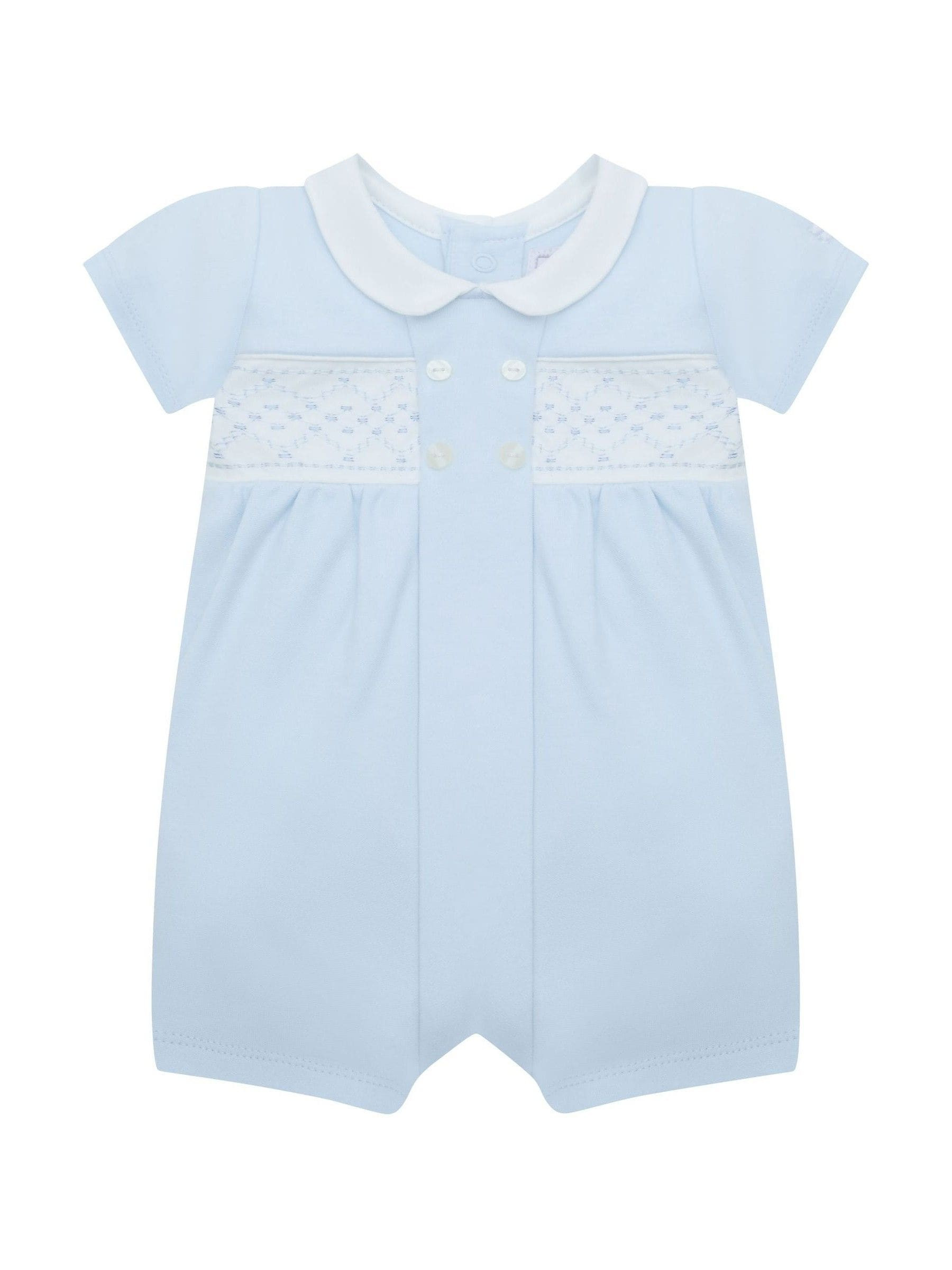 Emile Et Rose Emile Et Rose Blue Lawrence Romper With Mock Smock Embroidered Panel & Collar | Next EU