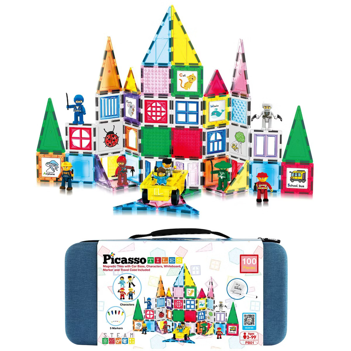 PICASSO-TILES 100PCS Magnet Tile Building Block Set with Carry Case, Car Base, 8 Magnetic Charact... | Target