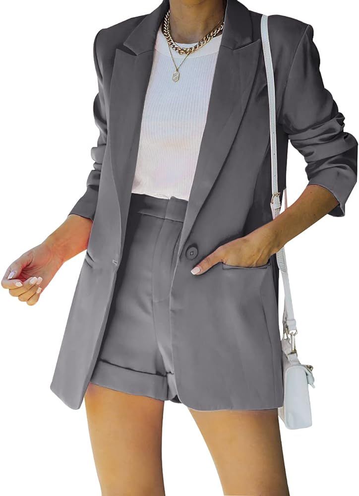 Women's 2 Piece Open Front Long Sleeve Blazer and Solid Short Pants Suit Sets | Amazon (US)