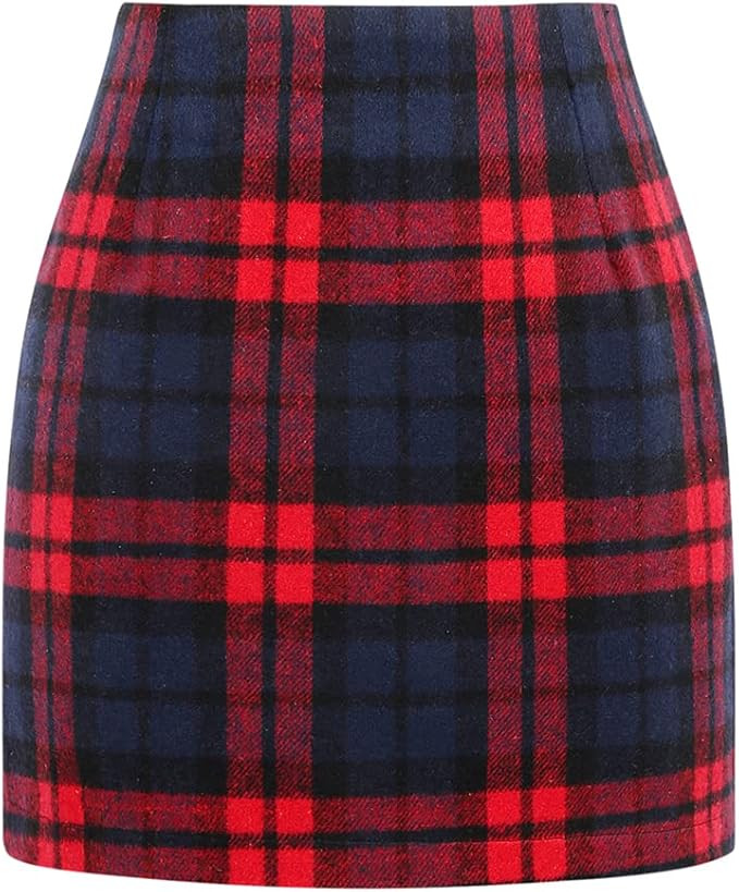 Kinghua Womens Wool Plaid Mini Skirt Fall Winter High Waisted Bodycon Pencil Skirt | Amazon (US)
