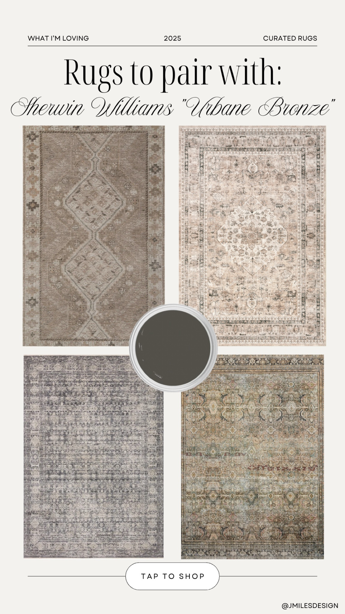 Curated rugs to pair with Sherwin Williams “Urbane Bronze”. These versatile options enhance the rich, moody tones of the paint with warm neutrals, intricate patterns, and timeless textures.

#LTKStyleTip #LTKHome #LTKSaleAlert