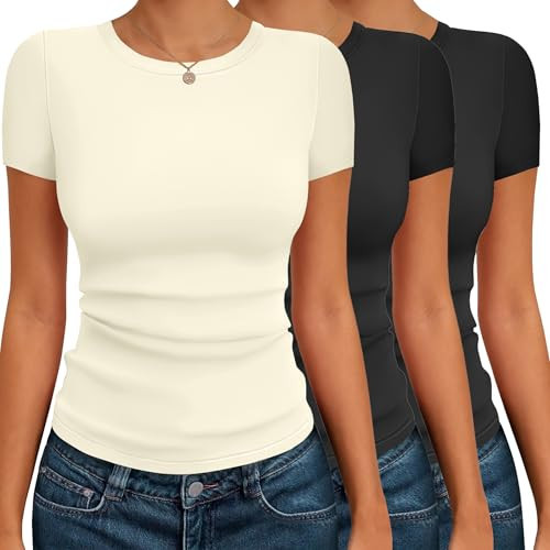 Ekouaer Women Short Sleeve Tops Trendy Summer Shirts Casual Basic Tees Black/Black/Beige XXL | Amazon (US)