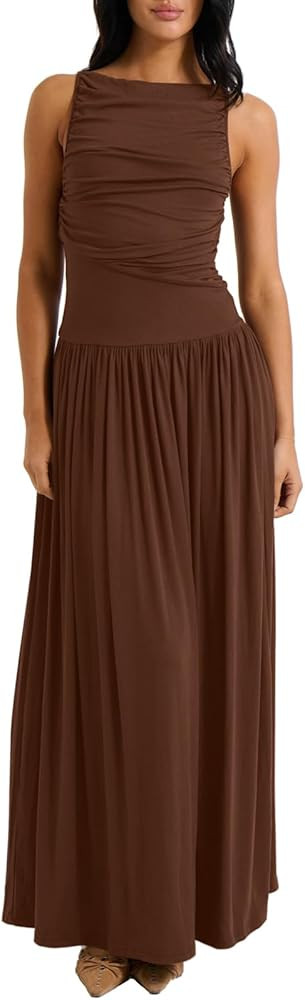 Ekaliy Womens Sleeveless Maxi Dress Boat Neck Ruched 2025 Summer Dress Flowy Dress | Amazon (US)