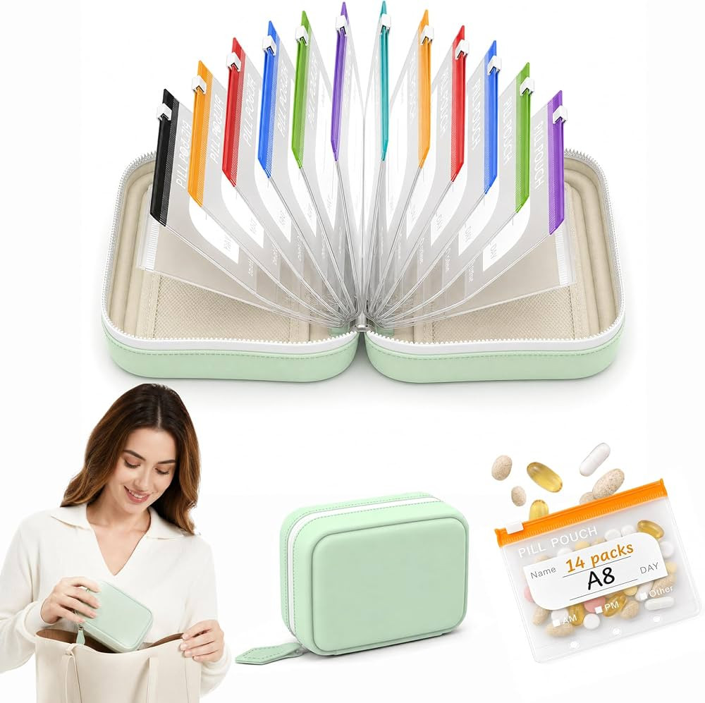 A8 Waterproof Travel Pill Organizer Bag, 14 Color Coded AM PM Medication Pouches with Writable La... | Amazon (US)