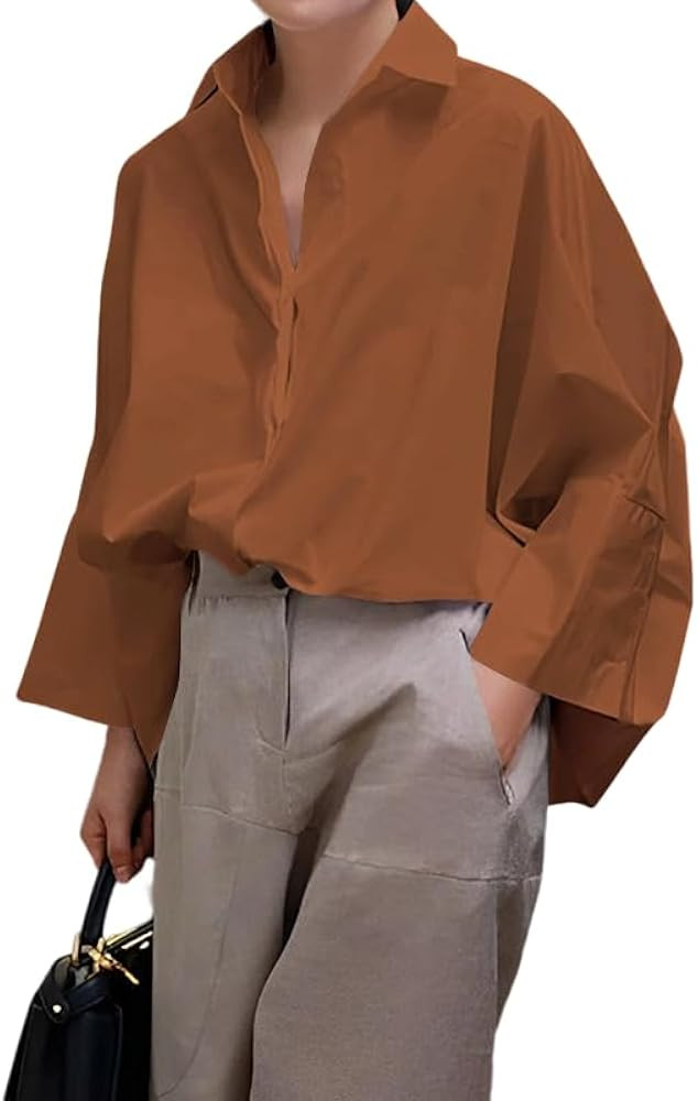 UOOZEE Womens Button Down Shirt Casual 3/4 Sleeve Loose Fit Collared Work Blouse Tops | Amazon (US)